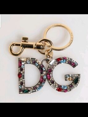 Dolce & Gabbana Gold-Tone DG Logo Keyring with Multicolored Crystals